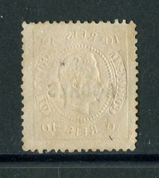 1868 - Afinsa nº 8. D. Luis I. Fita curva. Selos de 10 reis USADO. Pequena transparência e cunho ligeiramente aberto.