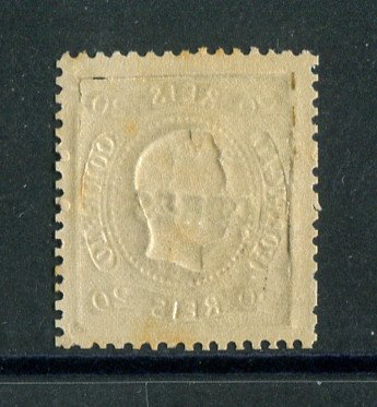 1868 - Afinsa nº 9. D. Luis I. Fita curva denteado. Selo de 20 reis NOVO, COM CHARNEIRA (*) e goma original. Tem o cunho ligeiramente aberto e alguns pontos de oxido.