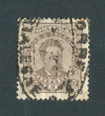 1882/83 - Afinsa nº 57d. D. Luis I de frente. Selo de 25 reis usado. Papel liso, denteado 12 1/2. CARIMBO DE PORTALEGRE. Em boas condições.
