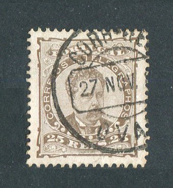 1882/83 - Afinsa nº 57d. D. Luis I de frente. Selo de 25 reis usado. Papel liso, denteado 12 1/2. CARIMBO DE OVAR. Em boas condições.