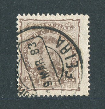 1882/83 - Afinsa nº 57d. D. Luis I de frente. Selo de 25 reis usado. Papel liso, denteado 12 1/2. CARIMBO DE SANTA MARIA DA FEIRA. Em boas condições.