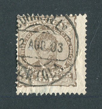 1882/83 - Afinsa nº 57d. D. Luis I de frente. Selo de 25 reis usado. Papel liso, denteado 12 1/2. CARIMBO DE MÉRTOLA. Ligeiro vinco e denteado irregular.