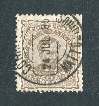 1882/83 - Afinsa nº 57d. D. Luis I de frente. Selo de 25 reis usado. Papel liso, denteado 12 1/2. CARIMBO DE MATOSINHOS. Tem o denteado irregular.
