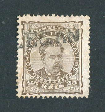 1882/83 - Afinsa nº 57d. D. Luis I de frente. Selo de 25 reis usado. Papel liso, denteado 12 1/2. CARIMBO NOMINATIVO - GOLEGÃ. Tem uma transparência.