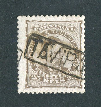 1882/83 - Afinsa nº 57d. D. Luis I de frente. Selo de 25 reis usado. Papel liso, denteado 12 1/2. CARIMBO NOMINATIVO - TAVIRA. Em boas condições.
