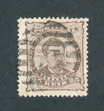 1882/83 - Afinsa nº 57d. D. Luis I de frente. Selo de 25 reis usado. Papel liso, denteado 12 1/2. Carimbo nº 51 - Cabeceiras de Basto (2ª Reforma). Em boas condições.