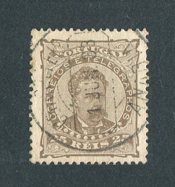 1882/83 - Afinsa nº 57e. D. Luis I de frente. Selo de 25 reis usado. Papel liso, denteado 13 1/2. CARIMBO DE ANADIA. Em boas condições.