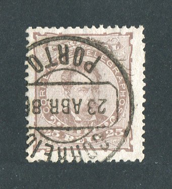 1882/83 - Afinsa nº 57A. D. Luis I, de frente. Selo de 25 reis usado. Papel porcelana, denteado 12 1/2. Em boas condições.