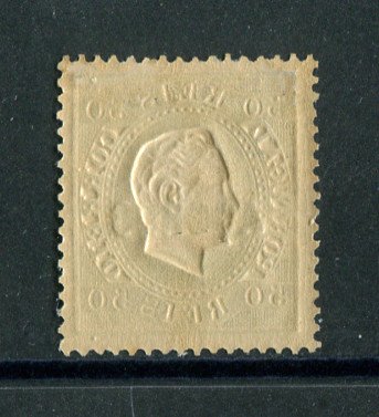 1871/76 - Afinsa nº 20f. D. Luis I. Fita direita. Selo de 50 reis NOVO, COM CHARNEIRA (*) e goma original. Denteado 13 1/2. Em boas condições.