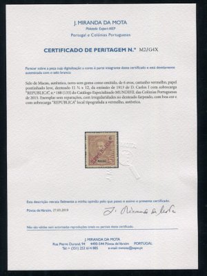 1913 - Afinsa nº 188. D. Carlos I com sobrecarga local REPUBLICA. Selo de 6a novo sem goma como emitido. Com CERTIFICADO DE PERITAGEM (CERTIFICATE). Em boas condições.