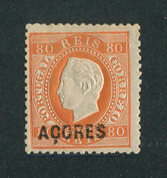 1871/76 - Afinsa nº 21. D. Luis I. Fita direita. Selo de 80 reis NOVO, COM CHARNEIRA (*) e goma original. Papel liso, denteado 12 1/2. Em boas condições.
