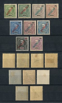 1914 - Afinsa nº 158/166. D. Carlos I com sobrecarga local REPUBLICA. Série completa nova. O selo nº 164 não tem goma como emitido. Os restantes COM CHARNEIRA (*) e goma original. Em boas condições.