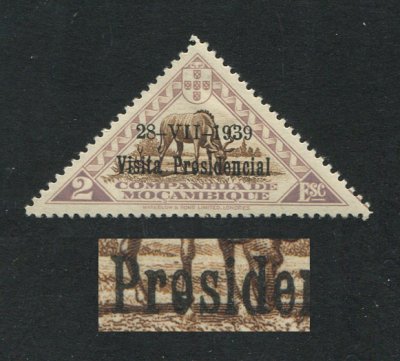 1939 - Afinsa nº 197a. Motivos locais com sobrecarga  ''Visita Presidencial''. Selo de 2$00 novo, COM CHARNEIRA (*) e goma original. 1º "E" de "PRESIDENCIAL" INVERTIDO. Em boas condições.