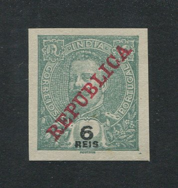 1911 - Afinsa nº 206. D. Carlos I com sobrecarga REPUBLICA. PROVA NÃO DENTEADA de 6 reis. Sem goma. Em boas condições.