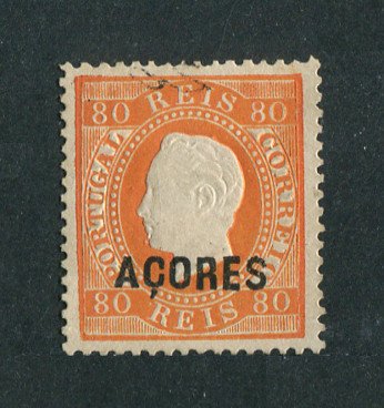 1871/76 - Afinsa nº 21f. D. Luis I. Fita direita. Selo de 80 reis USADO. Papel liso, denteado 13 1/2. Em boas condições.