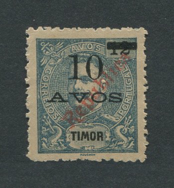 1913 - Afinsa nº 144a. D. Carlos com sobrecarga local REPUBLICA. Selo de 10a/12a novo sem goma como emitido. "1" PONTA CURTA. Em boas condições.