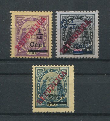 1918 - Afinsa nº 114/116. Elefantes com sobretaxa e sobrecarga REPUBLICA. Série completa nova, SEM GOMA. Em boas condições.