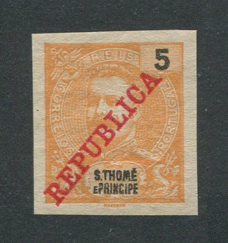 1911 - Afinsa nº 97. D. Carlos I com sobrecarga REPUBLICA. PROVA NÃO DENTEADA. 5 reis. Sem goma. Em boas condições.