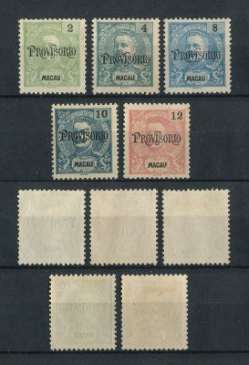 1902 - Afinsa nº 124/128. D. Carlos I, com sobrecarga PROVISORIO. Série completa nova sem goma como emitidos. Em boas condições.