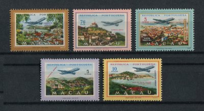 1960 - Correio Aéreo nº 16/20. Vistas de Macau. Série completa nova SEM CHARNEIRA (**) e com goma original. Em boas condições.