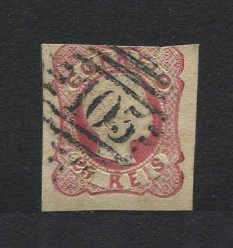 1856/8 - Afinsa nº 13. D. Pedro V. Cabelos anelados.Selo de 25 reis usado. Margens pequenas. Em boas condições. Carimbo nº 105 - Esposende. EXEMPLAR DE 2ª ESCOLHA.