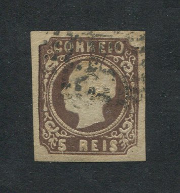 1862/4 - Afinsa nº 14. D. Luís I. Selo de 5 reis usado. CUNHO V (nº 14J). Boas Margens. Em boas condições. EXEMPLAR NORMAL.