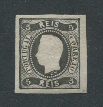 1866/7 - Afinsa nº 19 (novo). D. Luís I, fita curva. Selo de 5 reis NOVO com goma NÃO original (regomado). Boas margens mas apresenta o cunho ligeiramente aberto. Com CERTIFICADO DE PERITAGEM (CERTIFICATE). EXEMPLAR DE 2ª ESCOLHA.