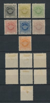 1882 - Afinsa nº  115/121. Tipo Coroa. Reimpressões de 1905. Série completa, COM CHARNEIRA (*) e goma original. Em boas condições.