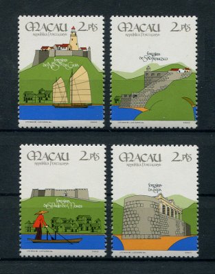 1986 - Afinsa nº 536/539. Fortalezas de Macau. Série completa nova SEM CHARNEIRA (**) e com goma original. ISOLADOS (ser ser em tira). Em boas condições.