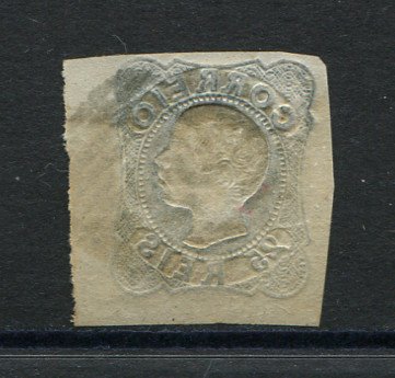 1856/8 - Afinsa nº 12. D. Pedro V. Cabelos anelados.Selo de 25 reis usado. Boas margens mas apresenta uma pequena transparência. EXEMPLAR DE 2ª ESCOLHA.