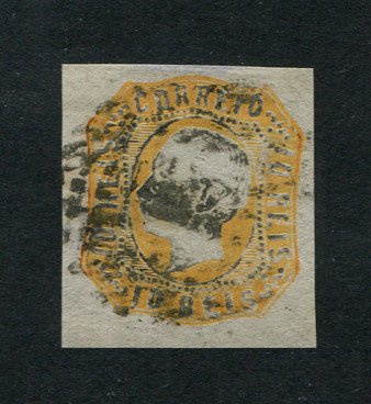 1862/4 - Afinsa nº 15. D. Luís I.Selo de 10 reis usado. Boas margens mas apresenta um carimbo forte e o cunho ligeiramente aberto. EXEMPLAR DE 2ª ESCOLHA.