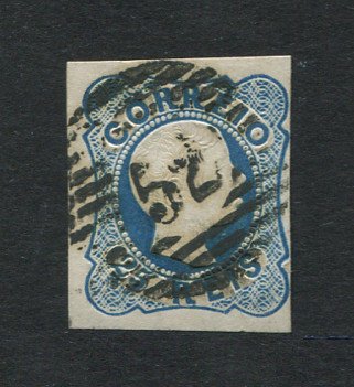 1856/8 - Afinsa nº 12. D. Pedro V. Cabelos anelados.Selo de 25 reis usado. Margens pequenas. Em boas condições. EXEMPLAR DE 2ª ESCOLHA.