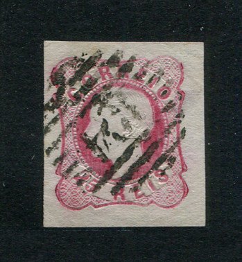 1862/4 - Afinsa nº 16. D. Luís I.Selo de 25 reis usado. Boas margens mas apresenta um vinco e uma pequena transparência. Carimbo nº 104 - Caminha. EXEMPLAR DE 2ª ESCOLHA.