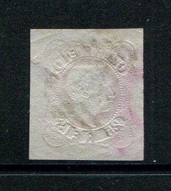 1862/4 - Afinsa nº 16. D. Luís I.Selo de 25 reis usado. Boas margens mas apresenta um vinco e uma pequena transparência. Carimbo nº 104 - Caminha. EXEMPLAR DE 2ª ESCOLHA.
