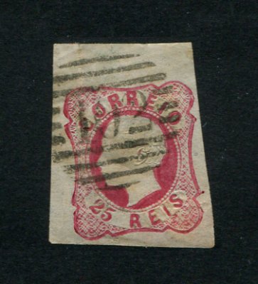 1862/4 - Afinsa nº 16. D. Luís I.Selo de 25 reis usado. Boas margens mas apresenta um vinco e uma pequena transparência. Carimbo nº 102- Viana do Castelo. EXEMPLAR DE 2ª ESCOLHA.