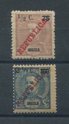 1919 - Afinsa nº 188/189. D. Carlos I com sobretaxa e sobrecarga local REPUBLICA. Série completa nova, COM CHARNEIRA (*) e goma original. Em boas condições.