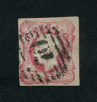 1862/4 - Afinsa nº 16. D. Luís I.Selo de 25 reis usado. Margens pequenas. Em boas condições. Carimbo nº 70 - Penafiel. EXEMPLAR DE 2ª ESCOLHA.