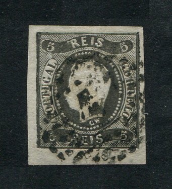 1866/7 - Afinsa nº 19. D. Luís I, fita curva. EXEMPLAR DE LUXO. Selo de 5 reis usado. Boas margens. Em boas condições.