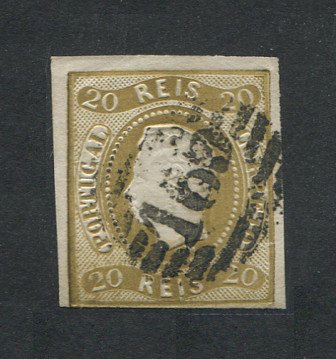 1866/7 - Afinsa nº 21. D. Luís I, fita curva.Selo de 20 reis usado. Boas margens mas apresenta o cunho ligeiramente aberto. Carimbo nº 165 - Elvas. EXEMPLAR DE 2ª ESCOLHA.