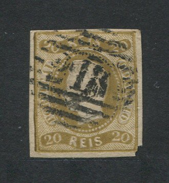 1866/7 - Afinsa nº 21. D. Luís I, fita curva.Selo de 20 reis usado. Margens pequenas. Em boas condições. Carimbo nº 218 - Portimão. EXEMPLAR DE 2ª ESCOLHA.