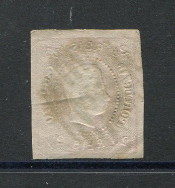 1866/7 - Afinsa nº 22. D. Luís I, fita curva.Selo de 25 reis usado. Margens pequenas. Apresenta um pequeno vinco. Carimbo nº 3 - Alcobaça. EXEMPLAR DE 2ª ESCOLHA.