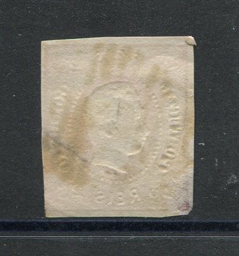 1866/7 - Afinsa nº 22. D. Luís I, fita curva.Selo de 25 reis usado. Margens pequenas. Apresenta uma pequena transparência. Carimbo nº 3 - Alcobaça. EXEMPLAR DE 2ª ESCOLHA.