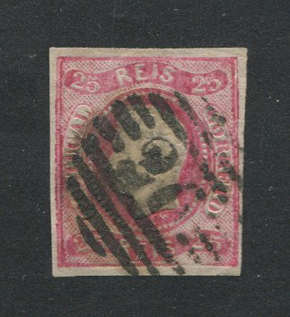 1866/7 - Afinsa nº 22. D. Luís I, fita curva.Selo de 25 reis usado. Margens pequenas. Em boas condições. Carimbo nº 26 - Leiria. EXEMPLAR DE 2ª ESCOLHA.