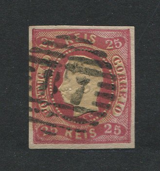 1866/7 - Afinsa nº 22. D. Luís I, fita curva.Selo de 25 reis usado. Margens pequenas. Em boas condições. Carimbo nº 87 - Figueira da Foz. EXEMPLAR DE 2ª ESCOLHA.