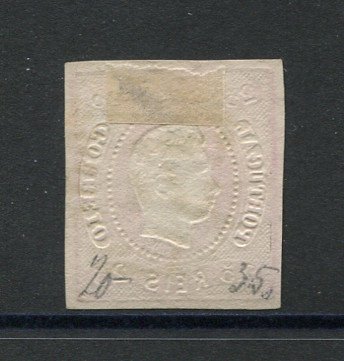 1866/7 - Afinsa nº 22. D. Luís I, fita curva.Selo de 25 reis usado. Margens pequenas. Apresenta uma pequena transparência. Carimbo nº 77 - Coimbra. EXEMPLAR DE 2ª ESCOLHA.