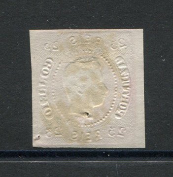 1866/7 - Afinsa nº 22. D. Luís I, fita curva.Selo de 25 reis usado. Margens pequenas. Apresenta dois pequenos furos de alfinete. Carimbo nº 112 - Viseu. EXEMPLAR DE 2ª ESCOLHA.