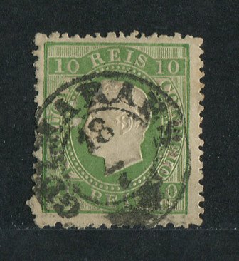 1879/80 - Afinsa nº 49. D. Luis I, fita direita novas cores.Selo de 10 reis usado. VERDE AMARELO. Papel liso, denteado 12 1/2. Carimbo de Guimarães. Pequena transparência.