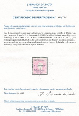 1895 - Afinsa nº 3. D. Luis I com sobrecarga "Centenário de S. António". Selo de 20 reis novo sem goma como emitido. Com CERTIFICADO DE PERITAGEM. Em boas condições.