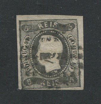 1866/7 - Afinsa nº 19. D. Luís I, fita curva. Selo de 5 reis usado. Margens pequenas. Em boas condições. EXEMPLAR DE 2ª ESCOLHA.