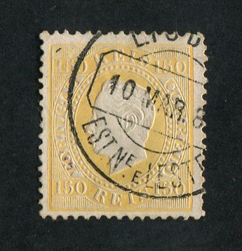 1879/80 - Afinsa nº 51B. D. Luis I fita direita, novas cores. Selo 150 reis usado. AMARELO. Papel porcelana, denteado 12 1/2. Em boas condições.